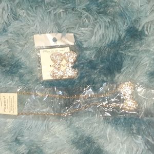 Necklace and Earrings set, Style:Bows, Gold with Rhinestones
